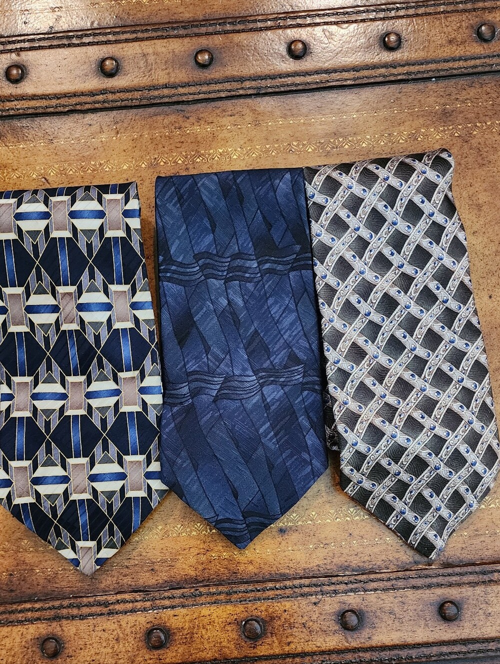 3pc HONORS 100% Silk Men’s Tie Lot Made in USA Navy Geometric Neckties